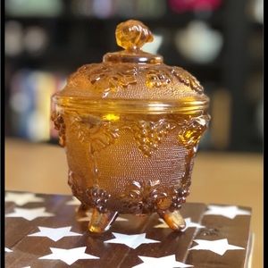 Jeannette Carnival Glass Footed Candy Bowl Jar Lid Grapes Leaves Vintage